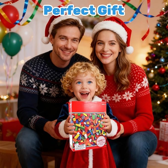 1600 PCS Building Bricks Set Classic Bulk Building Blocks Compatible with All Major Brands Includes 3 Baseplates 53 Wheels Doors Windows Accessories Creative STEM Construction Toy Gift for Kids