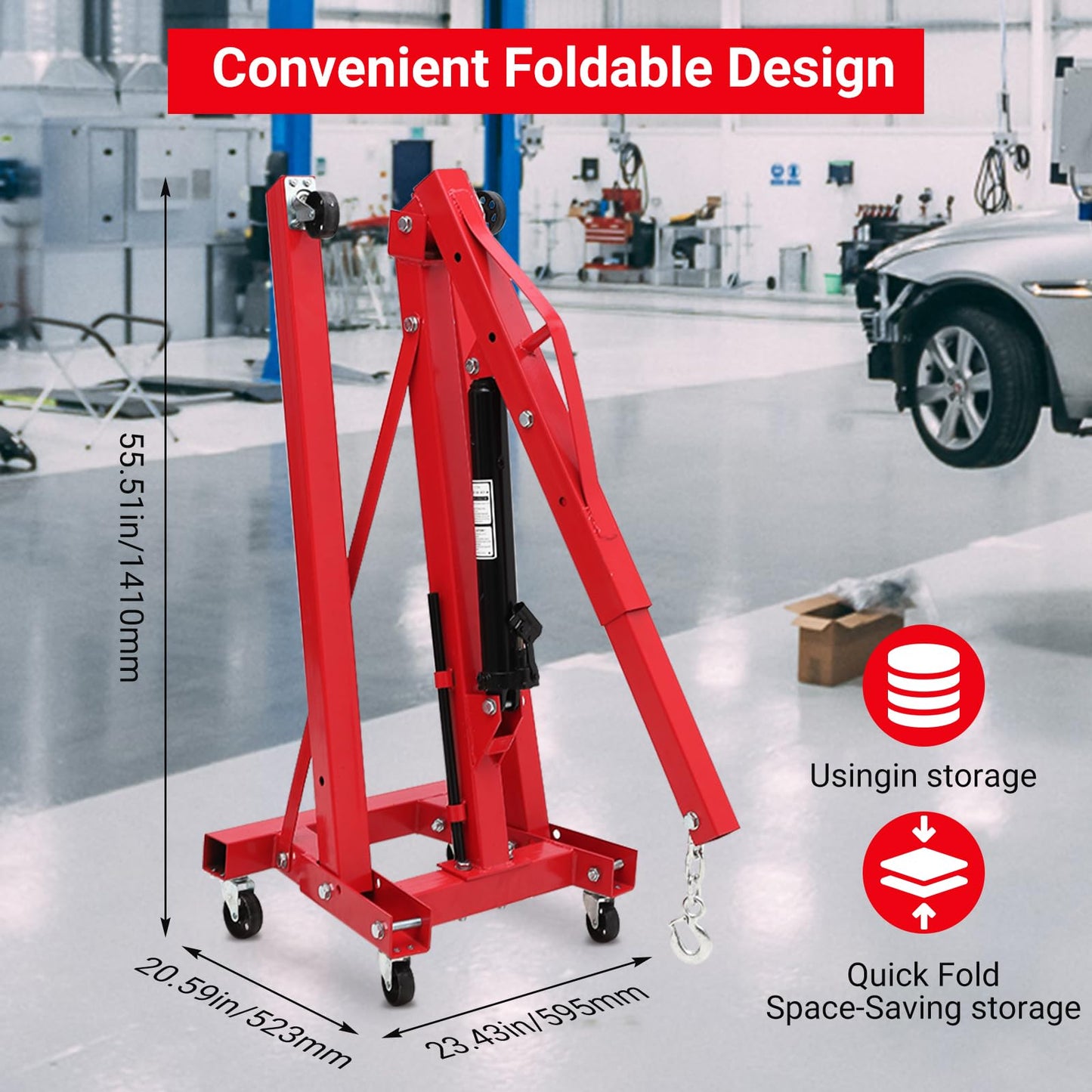 ExploreHorizon 2 Ton Engine Hoist, Hydraulic Folding Cherry Picker, Heavy Duty 4400Lbs with Lever & 6 Casters for Workshop Garage Warehouse