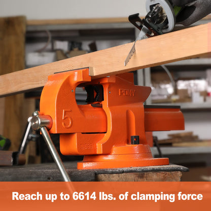 PONY Heavy Duty Bench Vise, 5-inch Jaw Width 7-inch Jaw Opening, 360-Degree Swivel Base with Anvil, Utility Combination Pipe Home Vise for Woodworking, One-Pair Vise Jaw Pad Included