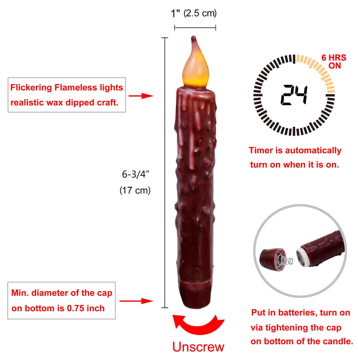 CVHOMEDECO. Real Wax Hand Dipped Battery Operated LED Timer Taper Candles Country Primitive Flameless Lights Décor, 6-3/4 Inch, Burgundy, 3 PCS in a Package