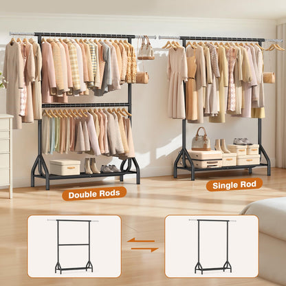 EAGMAK Double Rod Clothing Rack Load 622 LBS, Heavy Duty Clothes Rack for Hanging Clothes, 82.68 inch High Garment Rack with Sotrage Shelves, Metal Clothing Hanger Closet Wardrobe Organizer (Black)