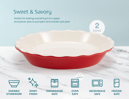 KooK Ceramic Pie Pan Set - 9-Inch Reusable Round Baking Dish with Wave Edge | Microwave & Oven Safe, Cherry