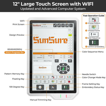SUNSURE 15-Needle Super Silent Commercial Embroidery Machine, 24″ x 16″ Large Embroidery Area, 1200 SPM Speed, 12 inch Touchscreen, 3D&2D Cap,flat System Included, Pattern Free Design Support