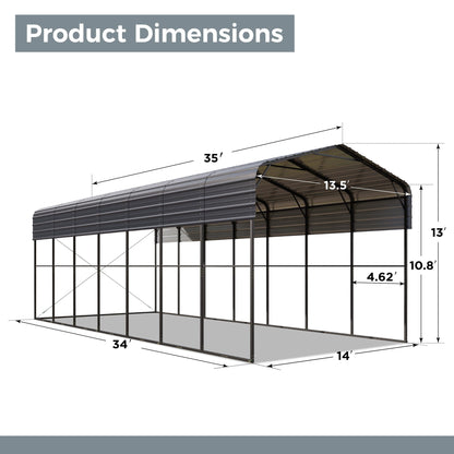 GREEN PARTY 14 x 35 x 13 ft Metal RV Carport Kits with Galvanized Steel Roof, Heavy Duty 2 Car Outdoor Car-Shed Canopy, Car Tent Metal Garage Shelter for RV, SUV, Truck, Tractors and Boats, Gray