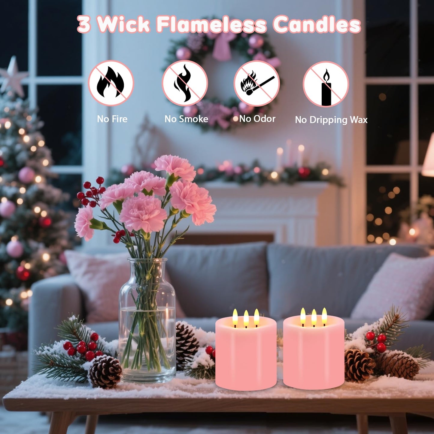 Large 3 Wick Flameless Candles, 4"x4" Flickering Flameless Candles with Remote & Timer, Dimmable Real Wax LED Candles Battery Operated, Electric Pillar Candles for Wedding Valentine's Day Decor (Pink)
