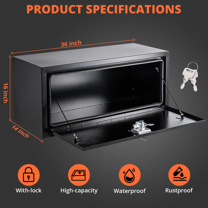 GarveeLife Heavy Duty Steel Underbody Truck Toolbox – Lockable Waterproof Storage Chest – Low Profile Tool Box for Pickup, RV, Trailer – Secure Equipment Organizer – 36"x 14"x 16", Black