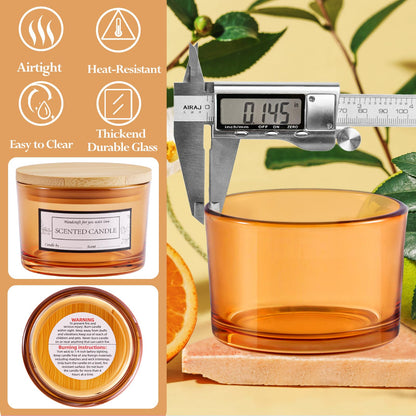 CONNOO 15 Pack 4oz Orange Glass Candle Jars with Airtight Bamboo Lids for Making Candles, Bulk Small Wide Mouth Empty Candle Containers with Sticky Warning Labels - Dishwasher Safe