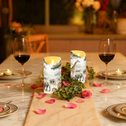 Gravopti Safari Animals 2 Pack Flameless LED Pillar Candles with Remote & Timer, Battery Operated, Flickering Wax Candle for Wedding, Romantic Home & Party Decor