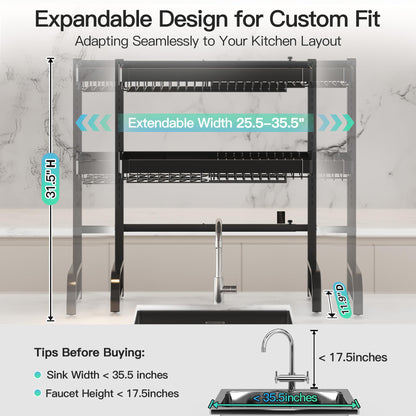 MAJALiS 3 Tier Extra Large Stainless Steel Expandable Over The Sink Dish Drainer Drying Rack, Rust Proof Metal, Space Saving, Modern Black Big Capacity Extendable Plate Strainers Above Counter