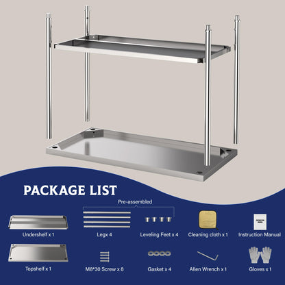 GarveeTech Stainless Steel Table, 48 in x 24 in Commercial Prep Work Table with Adjustable Undershelf and Pre-installed Feet, 2 Tier Metal Table for Restaurant, Home, Kitchen, Garages and Outdoor