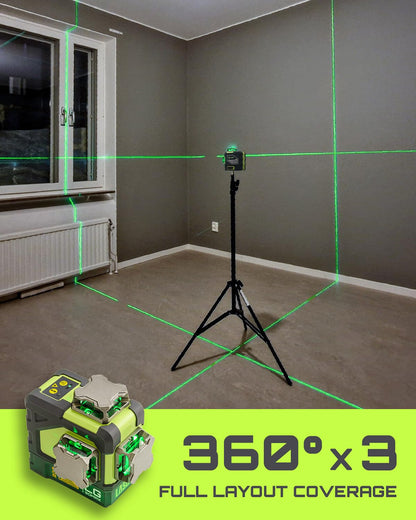 LasGoo LG-3DMAX 3x360° Green Laser Level, 3D Self-Leveling Cross Line Laser with 2 Rechargeable Lithium Batteries, Fine-Tuning Bracket Adapter, Green Laser Enhancement Glasses, and Hard Carrying Case