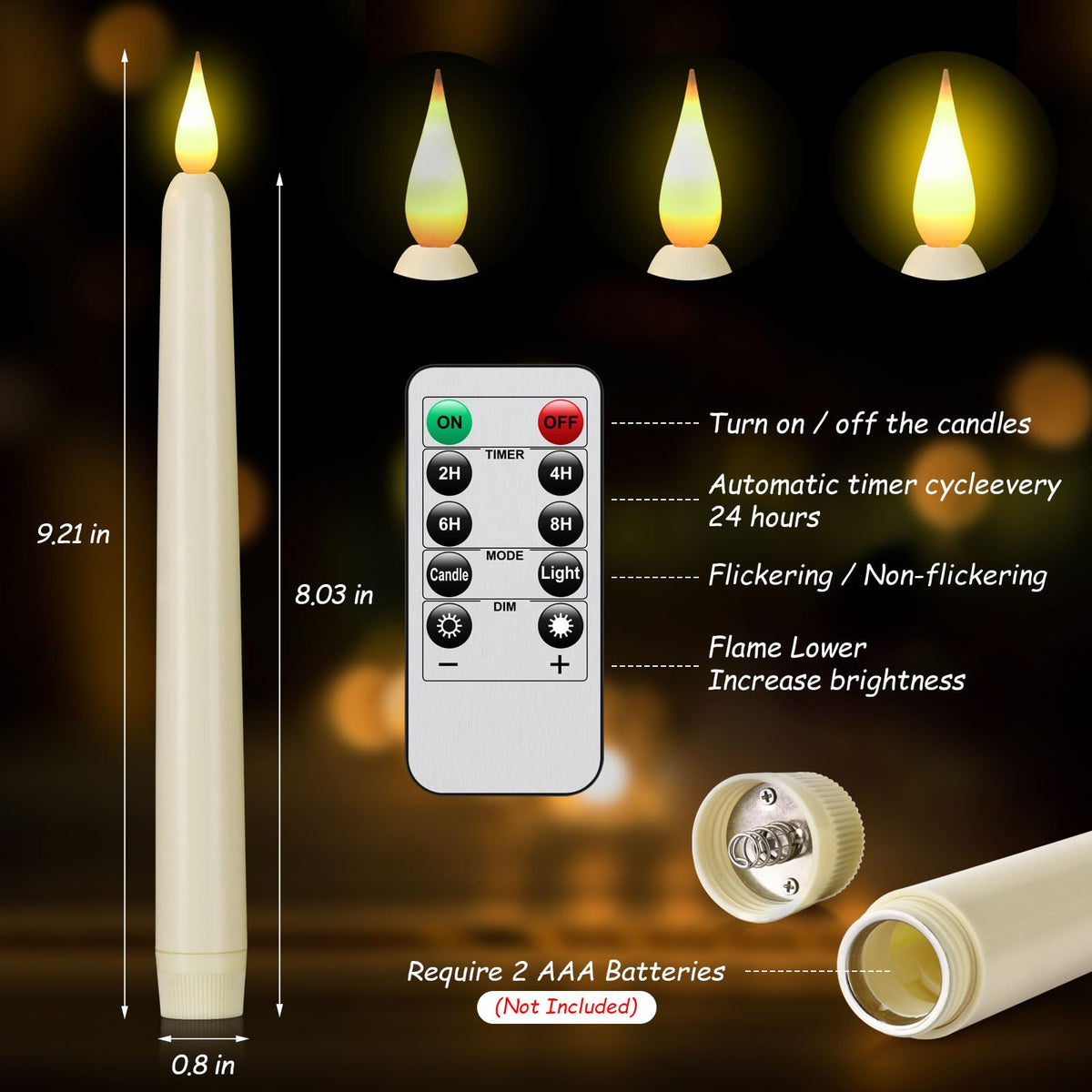 Flameless Taper Candles with Remote Control,12pack Dripless Plastic LED Candles, Flickering Candle Battery Operated,9.2''Classic Tall Candle for Wedding,Party,Halloween,Christmas,Home Decor (Ivory)