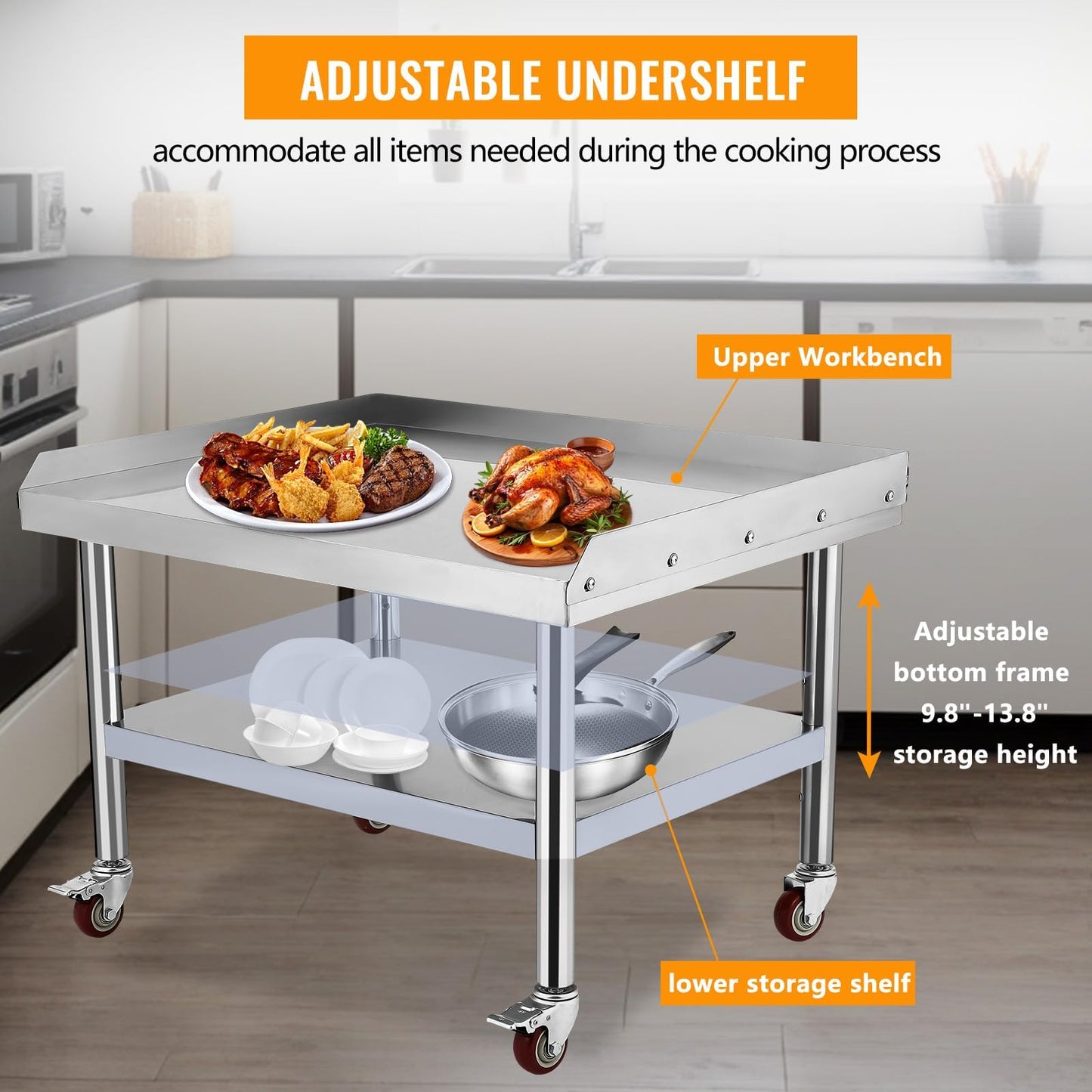 Garvee Stainless Steel Commercial Work Table with Wheels– 36x28 in, 1000 Lbs Capacity, Adjustable Shelf, Heavy Duty Grill Stand Prep Station for Professional Kitchen, Restaurant or Home