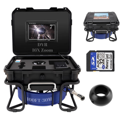 Sewer Camera,Pipe Drain Inspection Camera with DVR, Plumbing Snake Camera with Light, 7'' HD 1080P IPS Screen,16X Digital Zoom,32GB Card,100FT/30M,IP68 Waterproof Borescope for Industrial Plumber