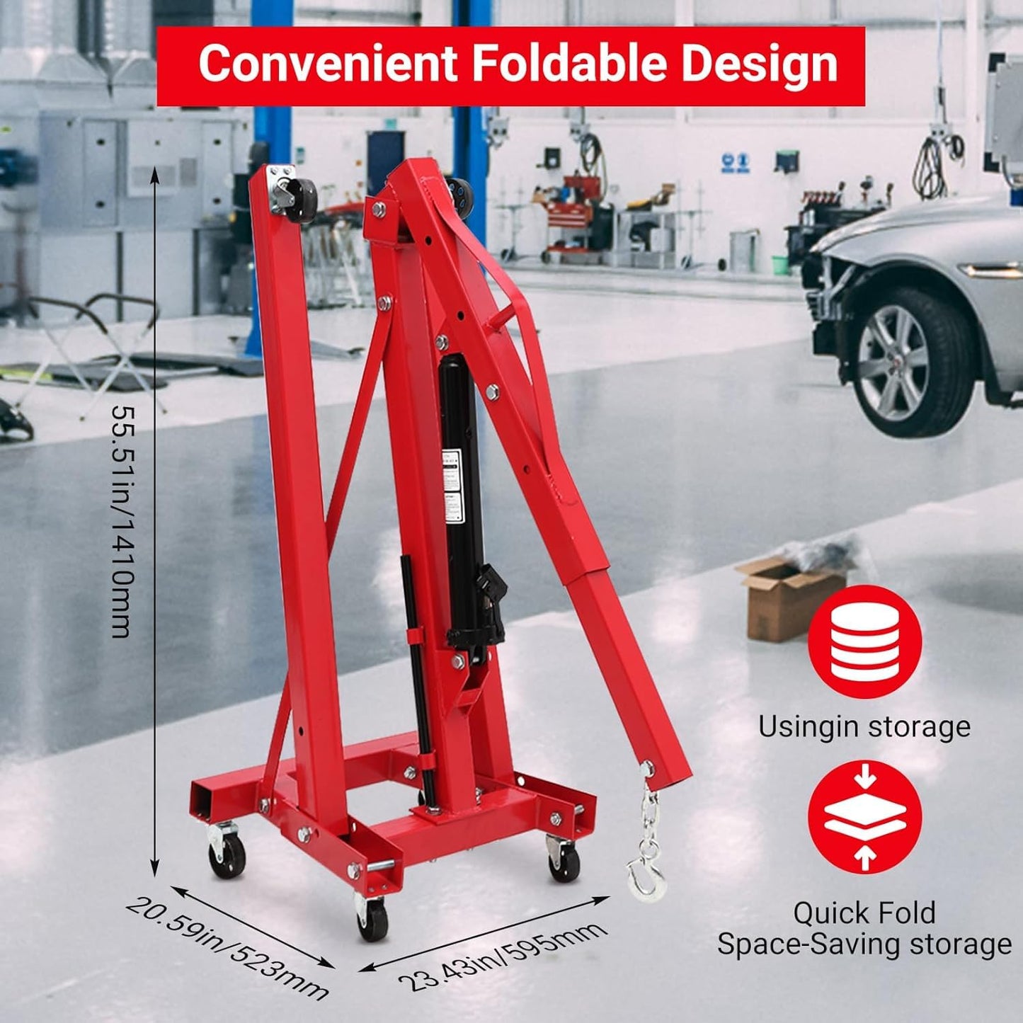 2-Ton Folding Engine Hoist Cherry Picker 4400 Lb Capacity Hydraulic Shop Crane with Telescoping Boom 6 Caster Wheels for Automotive Repair Garage Use Includes Hitch and Storage Stand Red