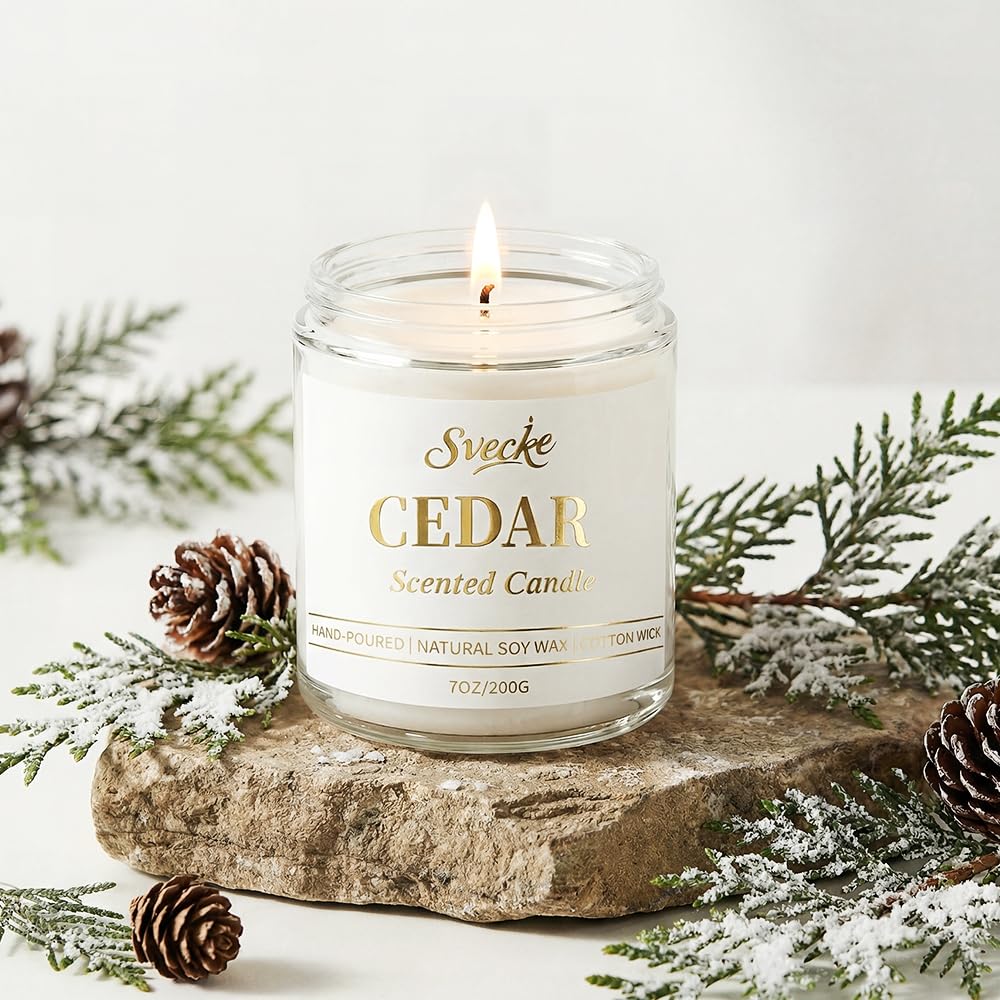 SVECKE Cedar Scented Candle 7oz Soy Wax Jar Candle Long Burning Aromatherapy Candle for Home Bedroom Gift for Women Men Housewarming New Home Gift