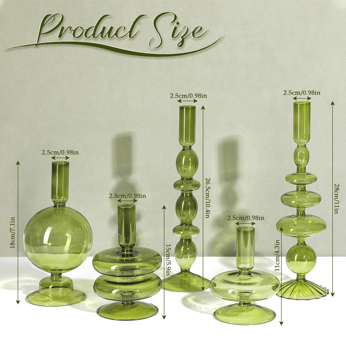 Rtteri 5 Pcs Glass Candlestick Holders Colorful Glass Taper Candle Stand Groovy Candlestick Wavy Boho Chic Clear Bases Holders Elegant Vase for Home Party Centerpiece(Green)