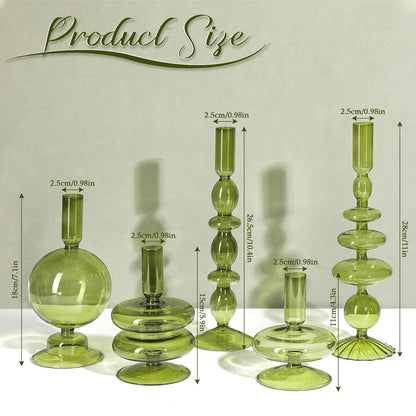 Rtteri 5 Pcs Glass Candlestick Holders Colorful Glass Taper Candle Stand Groovy Candlestick Wavy Boho Chic Clear Bases Holders Elegant Vase for Home Party Centerpiece(Green)