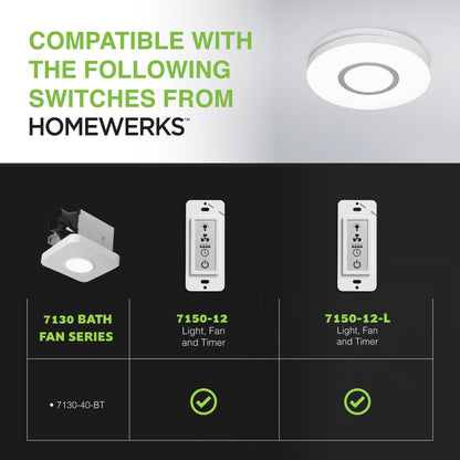 Homewerks 7130-40-BT DC Bathroom Fan with Light and Bluetooth Speaker 90-CFM 1.2 Sones White Easy Install, 4000 Kelvin Cool White Light