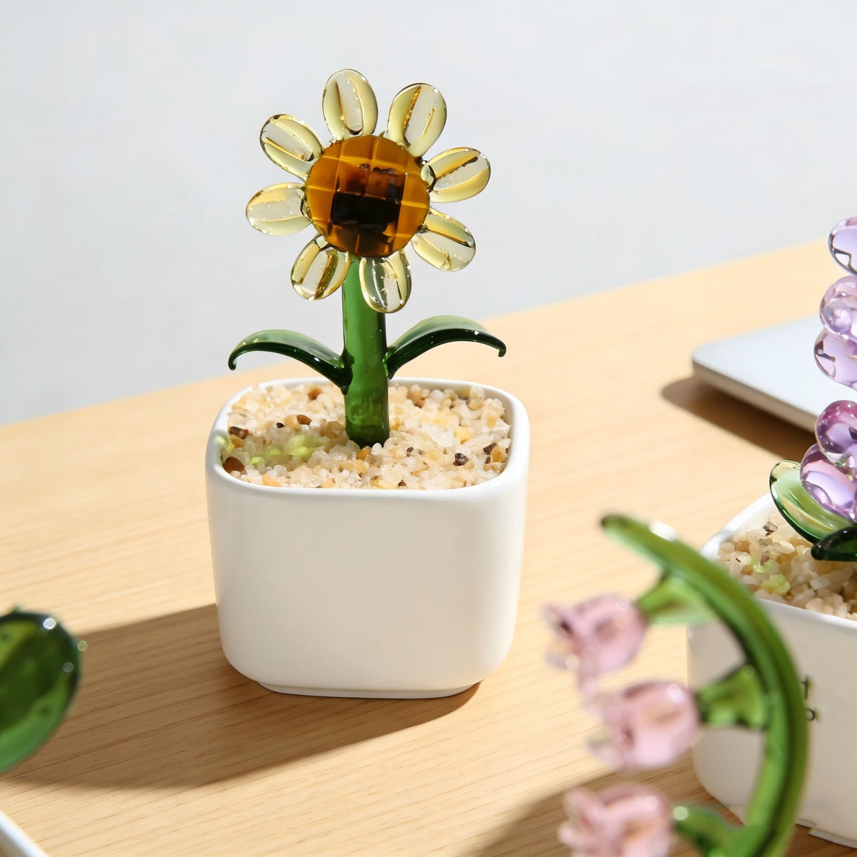 Crystal Glass Flowers Dopamine Decor, Cute Desk Decor for Women Office,Small Crystal Flower Fake Desk Plant,Gift for Teachers,Friends,Coworkers