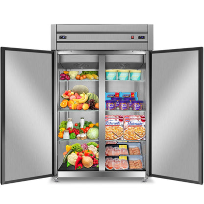 Tylza Commercial Refrigerator and Freezer Combo, 48" W Dual Temperature Zones, All Stainless Steel Design, 770L 6 Adjustable Shelves Refrigerator and Freezer Combo for Restuarant, Shop, Garage, etc