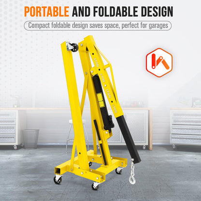 GarveeLife 2-Ton Folding Hydraulic Engine Hoist, Shop Crane with Telescopic Boom & 6 Casters, 4400 Lbs Foldable Cherry Picker Lift for Home Garage, Workshop, Warehouse, Heavy-Duty, Yellow