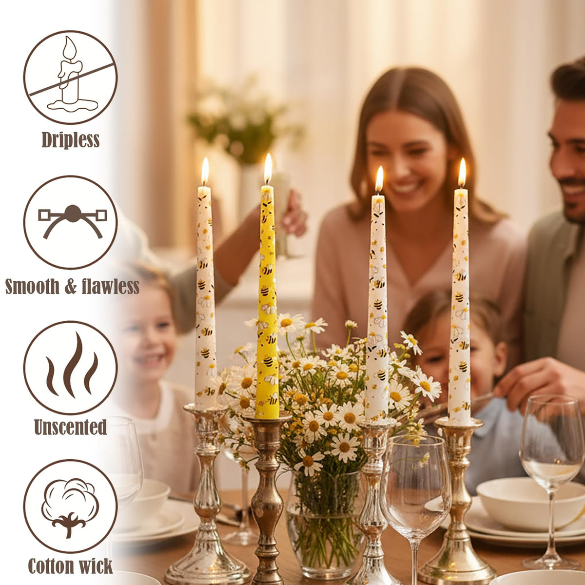 W&LESVAGO 10 Inch Yellow Bee Print Taper Candles, 4 Pack Dripless Long Candlesticks, Unscented Tapered Dinner Candles for World Bee Day, Wedding, Party, Home Table Decor(BY1)