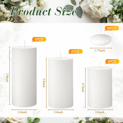 MTLEE 36 Pcs Thanksgiving Day Floating Candle 1.75'' 18 Pcs White Pillar Candles 4'' 5'' 6'' Diameter Dripless Wax Burning Unscented Decorative for Banquet Wedding Dining Party Home Decor