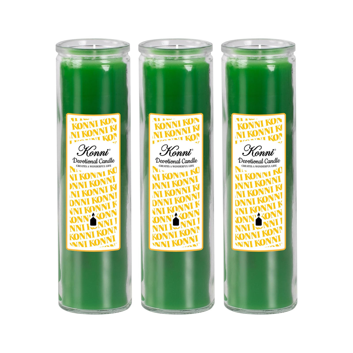 KONNI 2x8 Inch Green Pillar Candles in Glass Set of 3, Devotional Prayer Candle, Unscented Religious Candles, 105 Hours Emergency Long Burning, Ideal for Memorials, Vigil, Blessing