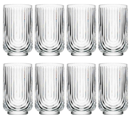 Glaver's Drinking Glasses Set of 8. 17oz Vintage Drinking Cups. Ripple Cocktail Glasses, Ribbed Drinking Highball Glass Cups. Arch Designed Art Deco Glassware for Water Juice Coffee. Package may Vary