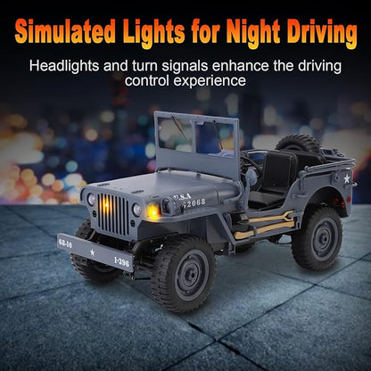 RC Crawlers 1:10 Scale D888 Willys Military Jeep 2.4Ghz 4WD Off Road Rock Crawler with Lights Removable Accessories All Terrain RC Jeep Toy for Adult Teens-Upgradable (2 Batteries)
