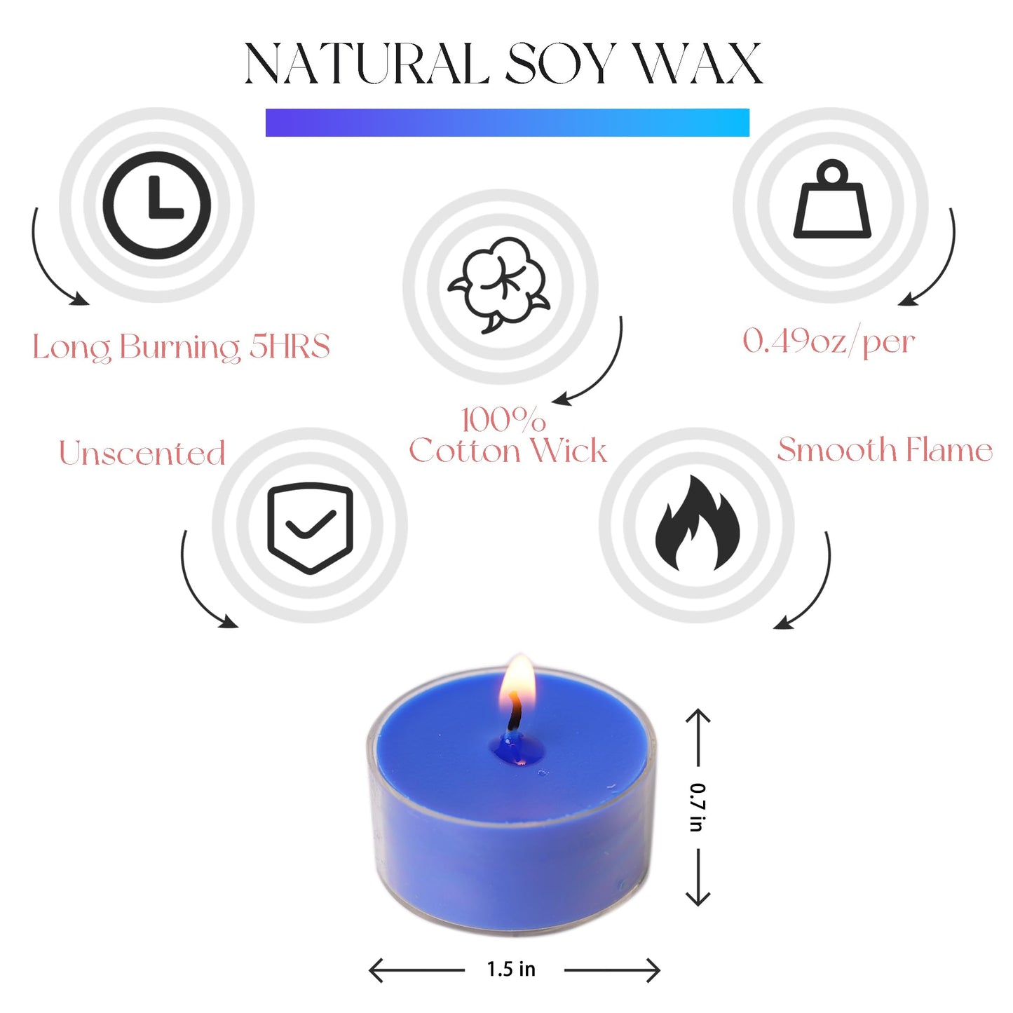 MUUFAZA 12 Unscented Natural Soy Tealight Candles in Clear Cups, 5H Long Clean Burning, Hand-Poured Indigo Mini Tea Candle Set for Parties, Spa, Meditation, Gift, Holiday, Emergency, Home Decor