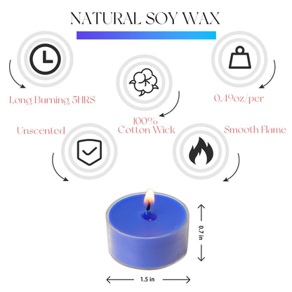 MUUFAZA 12 Unscented Natural Soy Tealight Candles in Clear Cups, 5H Long Clean Burning, Hand-Poured Indigo Mini Tea Candle Set for Parties, Spa, Meditation, Gift, Holiday, Emergency, Home Decor