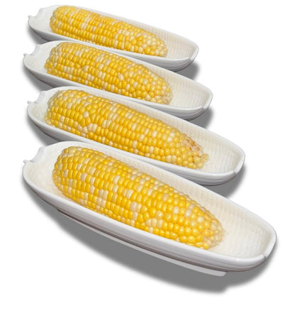 Cera Cuties Corn Dishes Set of 4, Corn Cob Holders 8.8", White Ceramic Dishes Non-slip Bottom, Microwave, Dishwasher and Oven Safe.