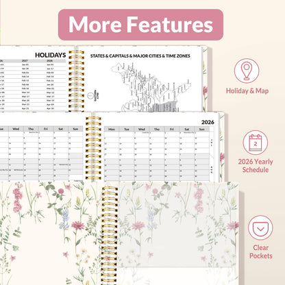 SUNEE 2026 Weekly and Monthly Planner - from January 2026 - December 2026, Daily Agenda Planner with Monthly Tab, Flexible Cover, Note Pages, Pockets, Bookmark, Spiral Binding, Wildflowers, 8.5"x11"