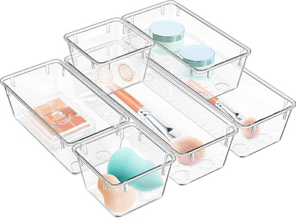 WOWBOX Clear Drawer Organizer Set - 6 Pack Acrylic Storage Trays for Makeup, Jewelry & Office Supplies