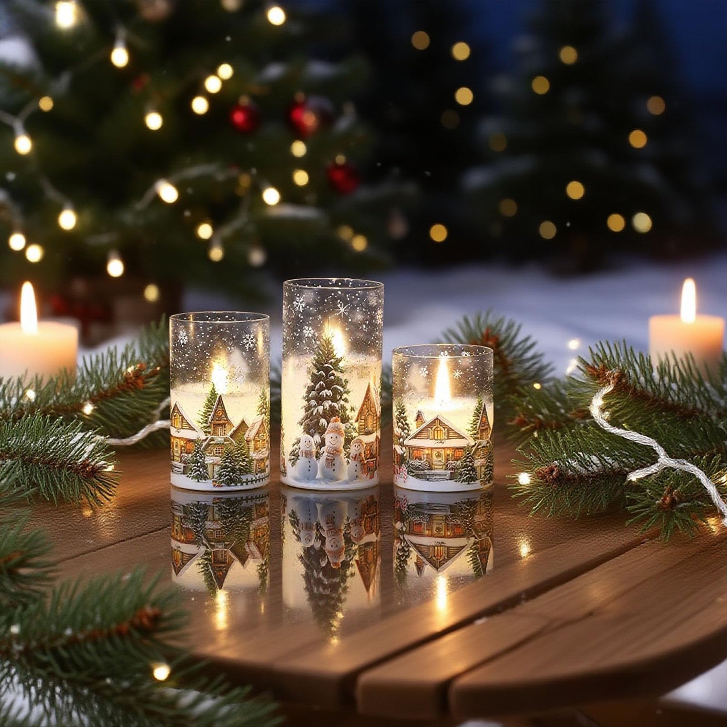 Lasumora Snowman Family and Snowy Cabin Scene Themed Glass Flameless Candles with Remote Timer, Battery Operated LED Pillar Candles Real Wax for Home Décor Christmas Gifts, D3”x H4” 5” 6”