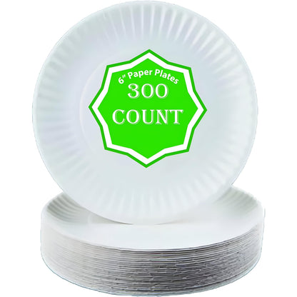 Spa Stix 6" Disposable Uncoated Paper Plate - Pack of 300 Count. White Paper Plates. 6 Inches
