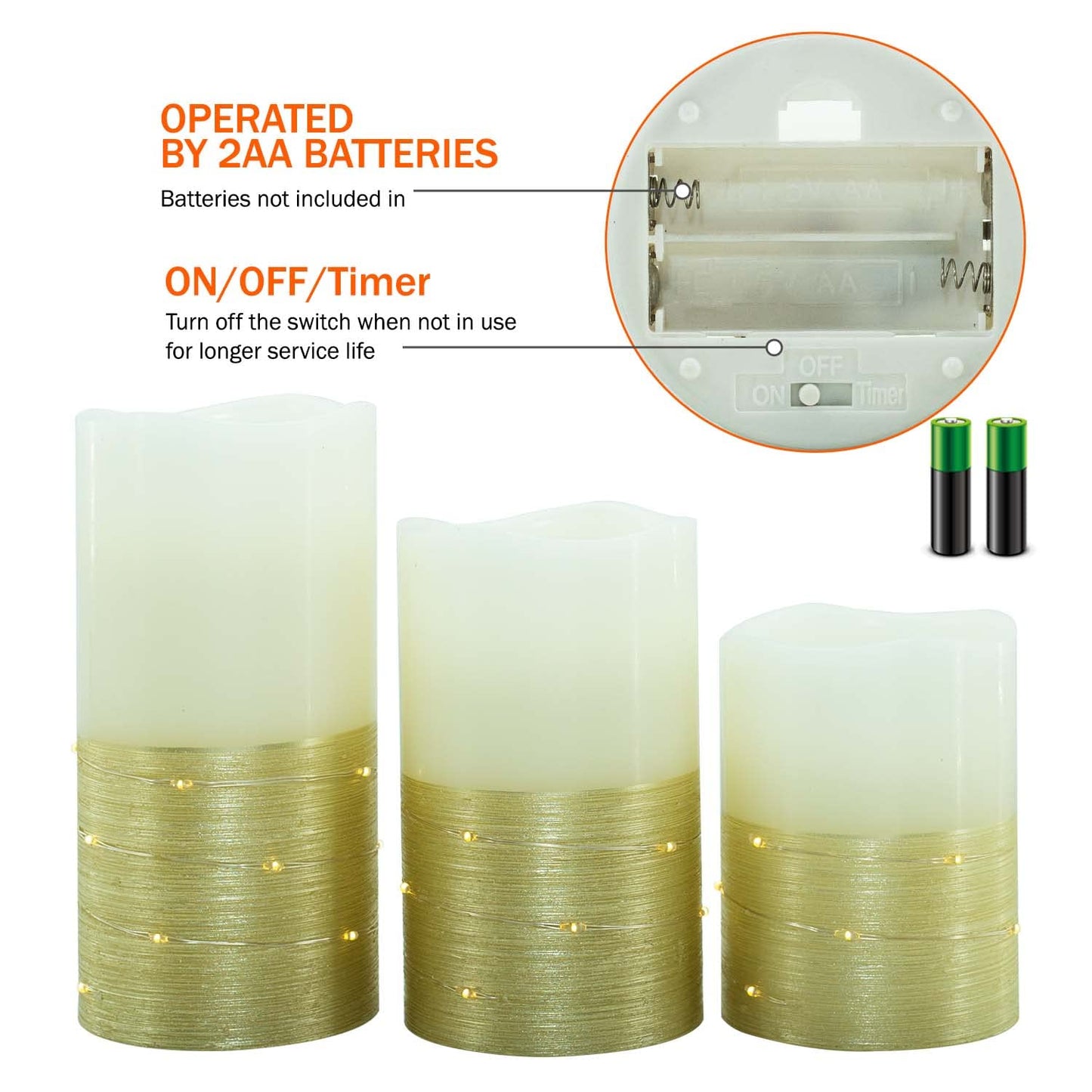 H-BLOSSOM Flickering Flameless Candles Ivory Real Wax Pillar with Embedded String Lights LED Candles Battery Operated with 10 Key Remote and Cycling 5H Timer Set of 3 (3" x 4"/5"/6") (Gold)