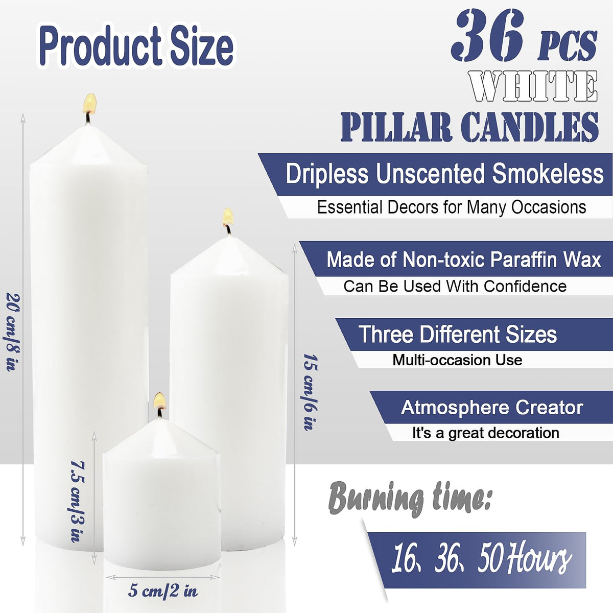 Veiuwa 36 Pcs White Pillar Candles Bulk Set，2x3 2x6 2x8 Inch - 12 Each Size，Hurricane Candles，Dripless Unscented Smokeless，Gives You a Better Atmosphere When Organizing an Event Party.