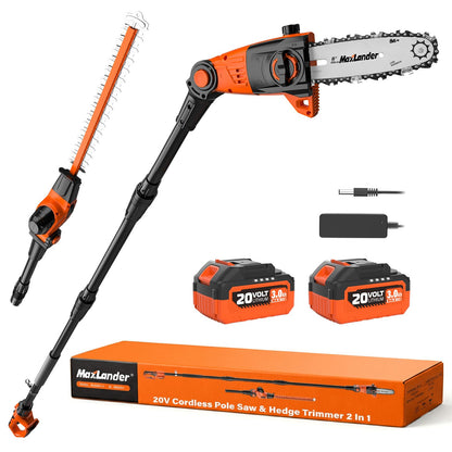 MAXLANDER 2-in-1 Cordless Pole Saw & Hedge Trimmer, 8-Inch Electric Pole Saw 18-Inch Pole Hedge Trimmer, 15ft Max Reach, 16ft/s Speed, Auto Oiling, with 20V 2X3.0Ah Battery & Charger for Tree Trimming
