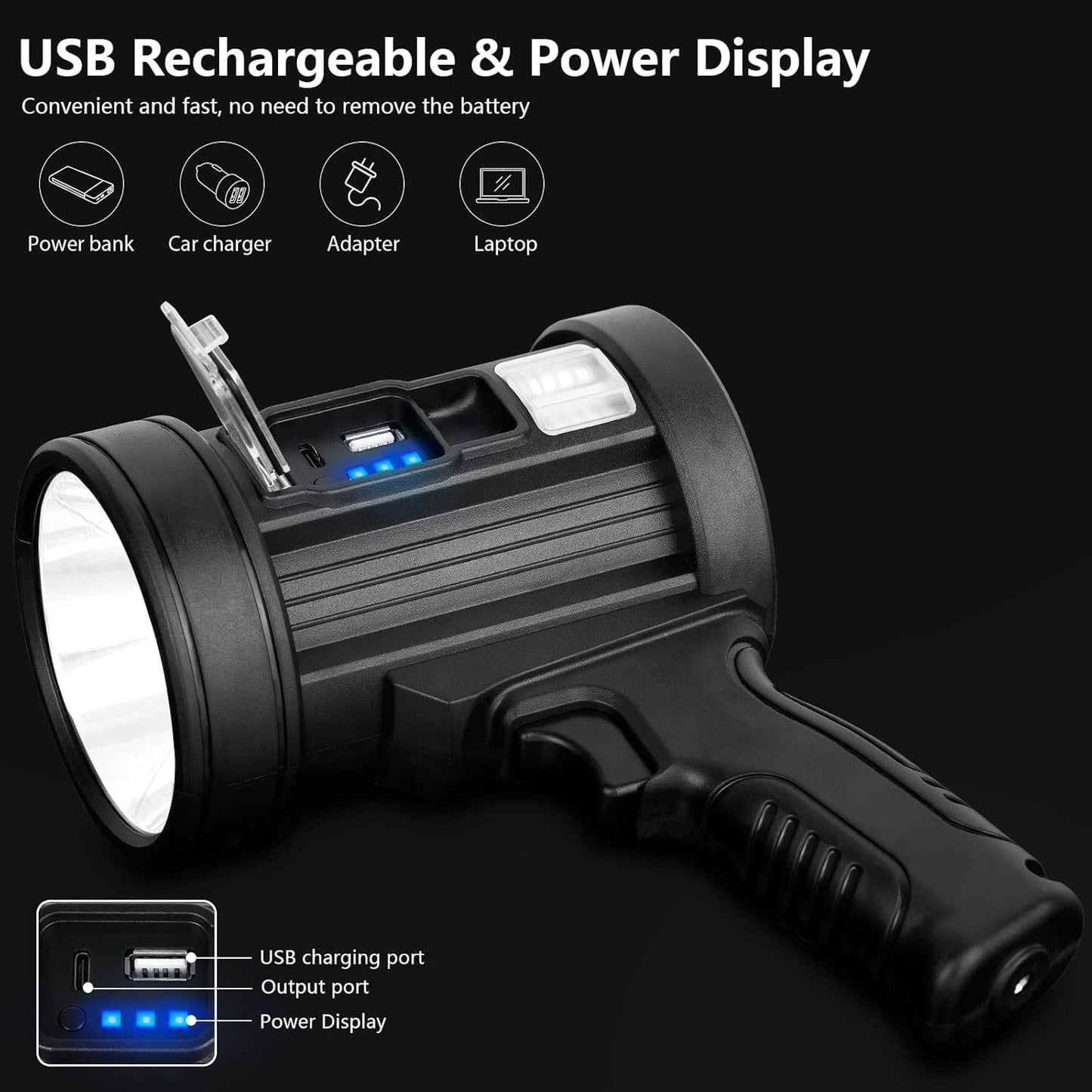 MIXILIN Rechargeable Spotlight, 90,000 Lumens Handheld Hunting Flashlight Led Spot Light with Cob Light and Solar Panels, Lightweight and Super Bright Spotlight for Hunting Boating Camping