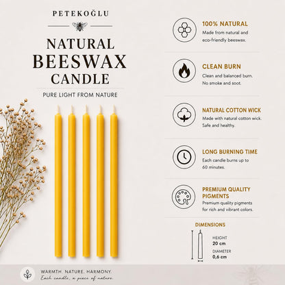 Petekoğlu 15-Pack Beeswax Wish Candles – Handcrafted, Drip-Free, Smoke-Free Slim Taper Candles for Rituals, Meditation, Birthday & Home Décor – Natural Honey Scent 7.87” x 0.24” (Burgundy)