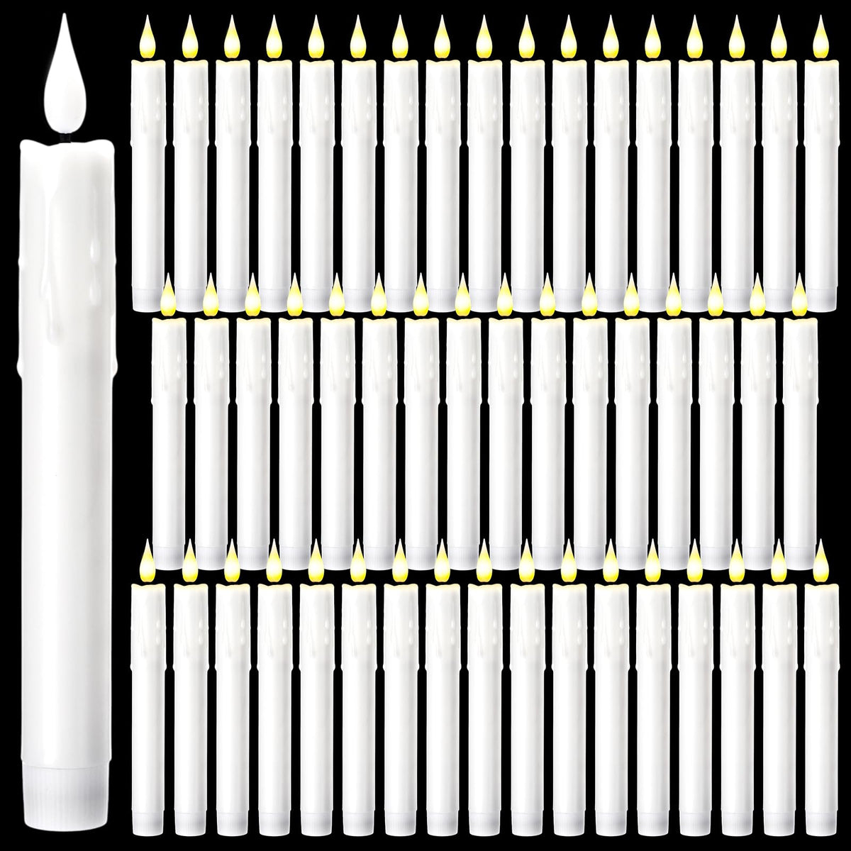 Baquler 50 Pcs 7.7 Inch White Flameless Taper Candles Dripless Battery Operated LED Flickering Candlesticks Window Candle with 3D Flickering Flame for Easter Home Wedding Church Decor