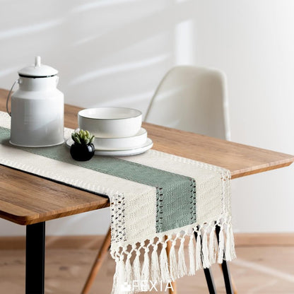 FEXIA Sage Green Table Runner 36 Inches Long with Tassels Boho Macrame Farmhouse Table Runners for Home Decor Party Bohemian Rustic Bridal Shower Dining Decorations(12x36 Inches)