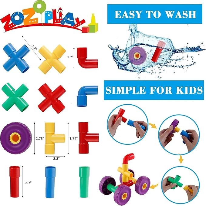 ZOZOPLAY STEM Learning Toy Tubular Pipes &amp Spouts &amp Joints 96 Piece Build Bicycle Tank Scootie Moter Skills Endless Designs Educational Building Blocks Set for Kid Ages 3+ Multicolor