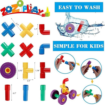 ZOZOPLAY STEM Learning Toy Tubular Pipes &amp Spouts &amp Joints 96 Piece Build Bicycle Tank Scootie Moter Skills Endless Designs Educational Building Blocks Set for Kid Ages 3+ Multicolor
