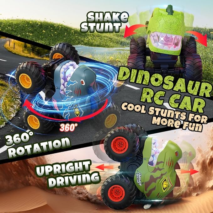 Dinosaur Remote Control Car for Kids Ages 3-5 6-12 Remote Control Monster Truck with Spray Light 360° Rolling&amp90° Driving All Terrain Dinosaur Toy for Boys Birthday Gift