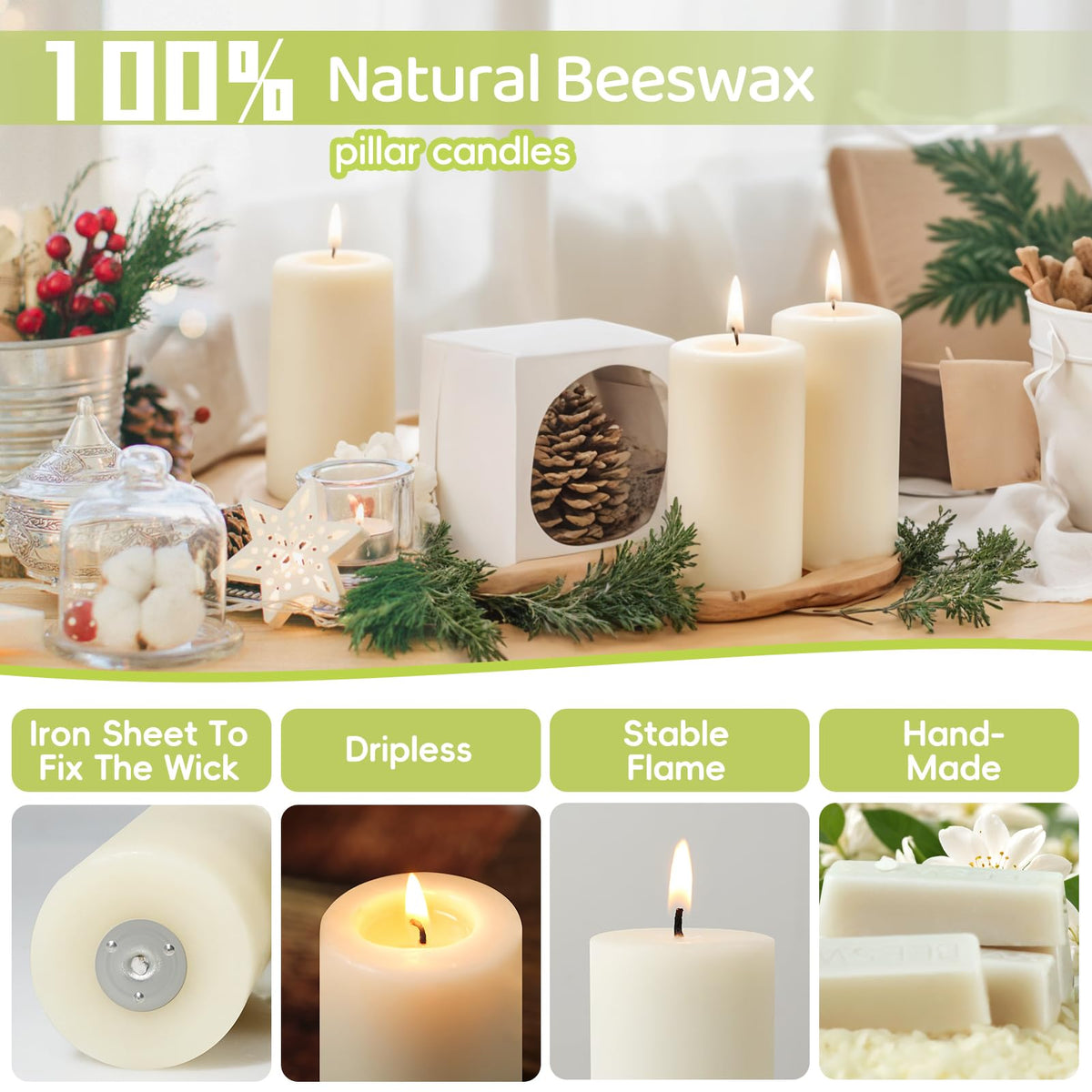 4 Pack Beeswax Pillar Candles,172 Hours Long Burning Pure Off-White Beeswax Candles,Unscented Bees Wax Candle for Home,Prayer,Dripless Smokeless Organic 100% Bees Wax Candle Bulk 2x4in