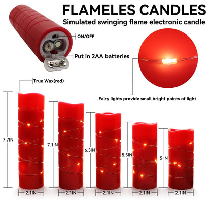 Red Flameless Pillar Candles with String Lights – 9 Pack Real Wax LED Candles, Remote Controlled with 2/4/6/8H Timer, Each Uses 2 AA Batteries (Not Included) for Christmas & Holiday Home Décor